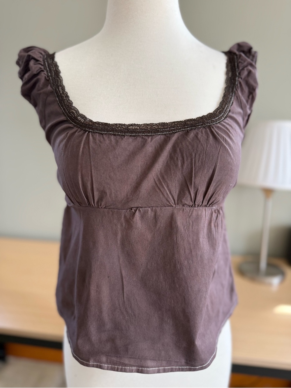 Brandy Melville Vintage Y2K Brown Lace Ruffle Tie Back Babydoll Top Coquette